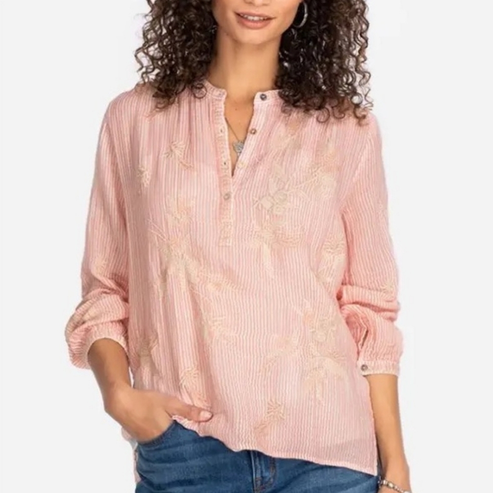 Johnny Was Collared Prairie Blouse Pink Striped Long Sleeve Women's Size XL
